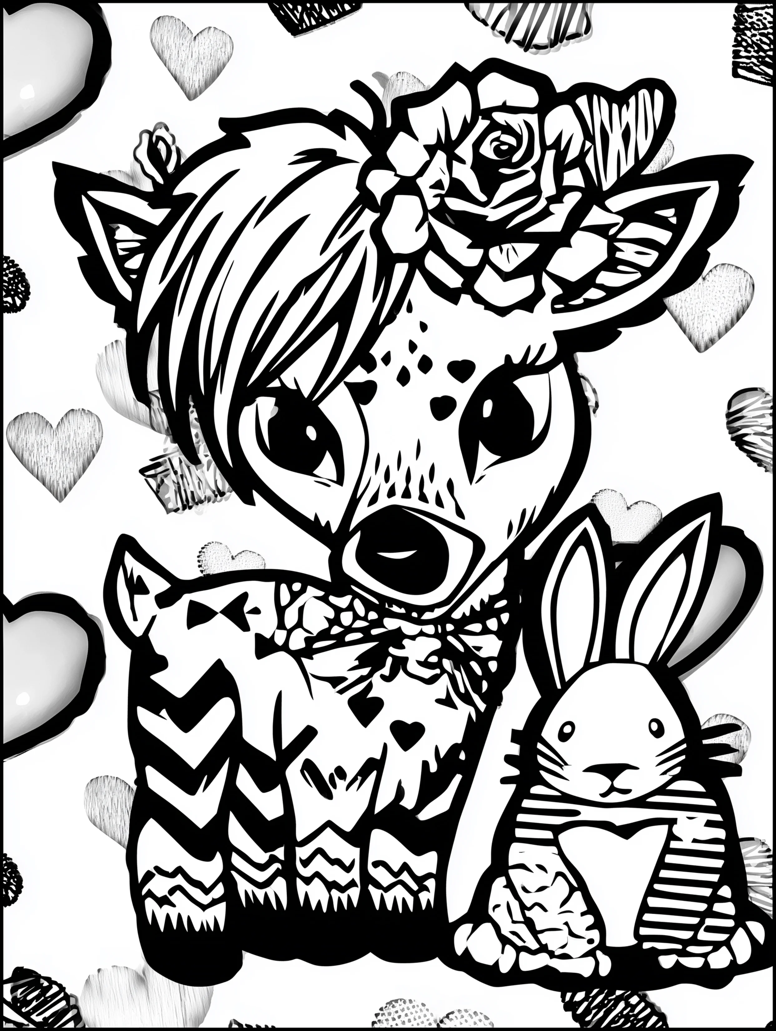 Free printable reindeer coloring page for adults featuring a reindeer sitting with a rabbit